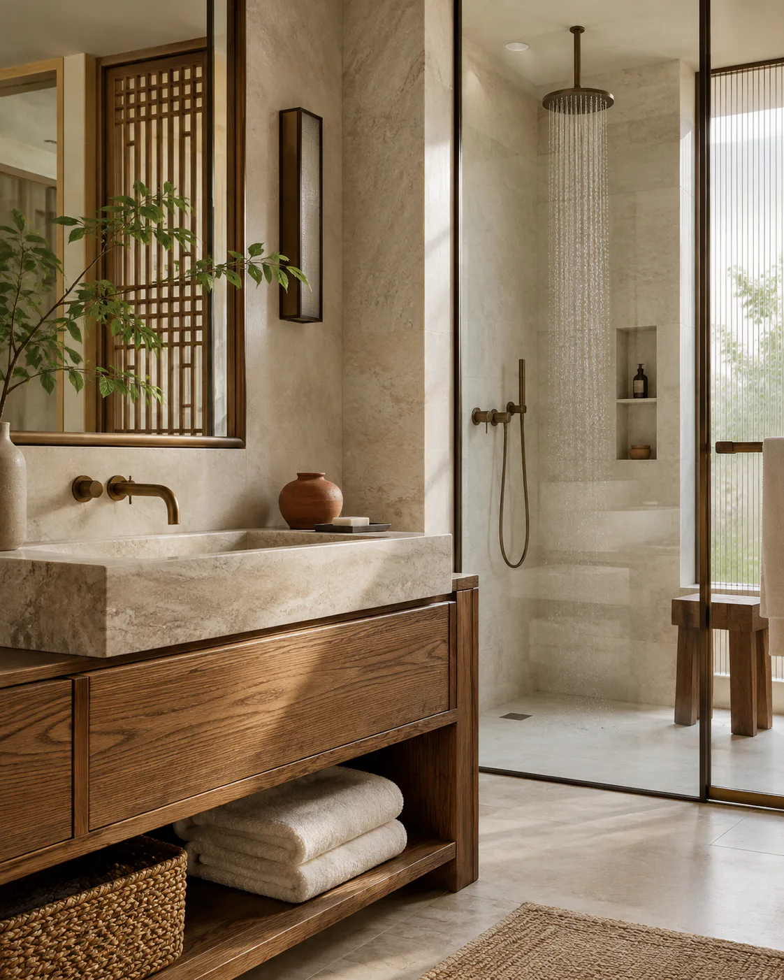 Salle de bain en pierre claire et bois, avec douche à l’italienne
