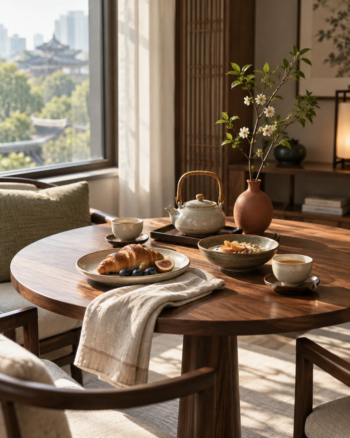 Table de petit-déjeuner dans un intérieur aux tons bois et crème